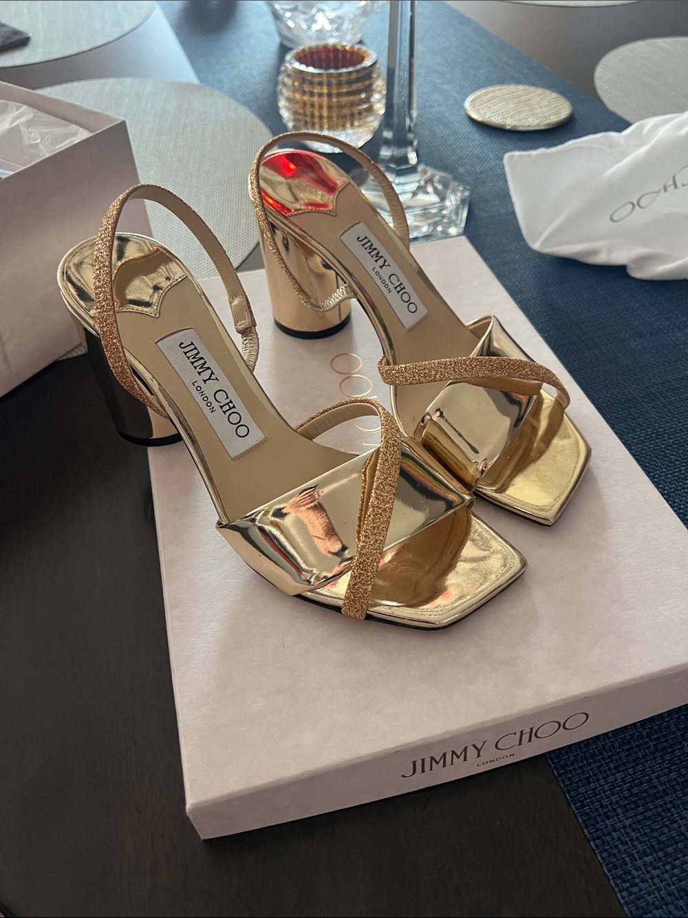 Jimmy Choo Metallic Gold Block Heel Slingback Sandals